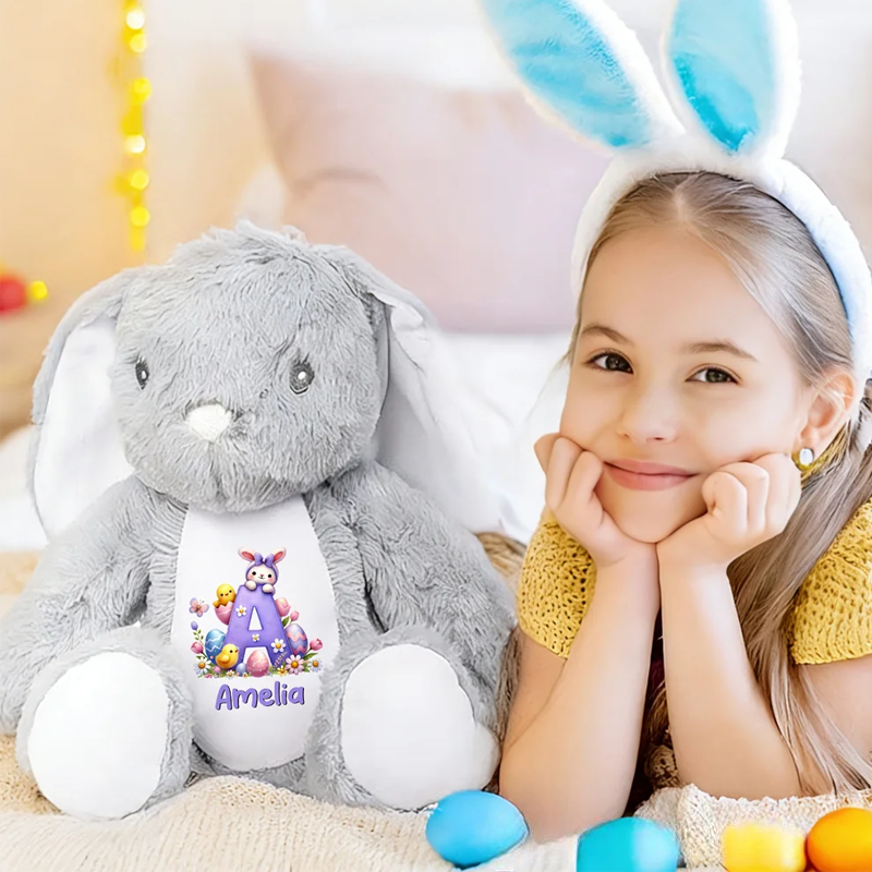 Personalized Easter Egg Cartoon Rabbit Flowers Plush Bunny Stuffed Toy with Initial and Name Easter Gift for Boys Girls