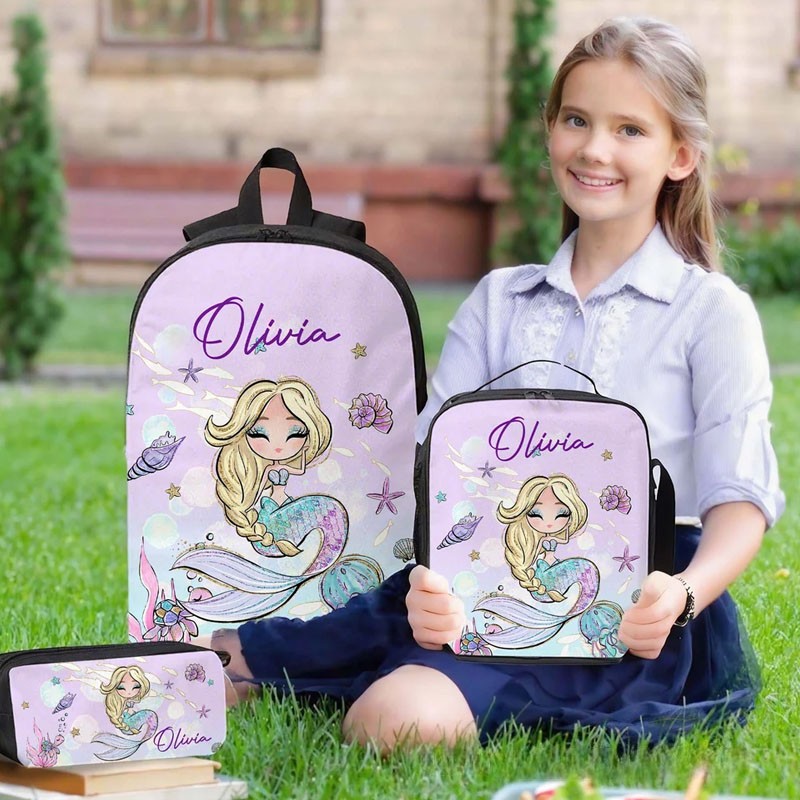 Personalized Cartoon Mermaid Backpack Luch Bag Pencil Case Set with Name Back to School Birthday Gift for Girls Sale-megacustom