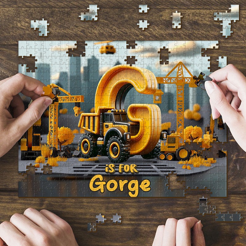 Personalized Construction Alphabet Puzzle with Custom Name and Bold Industrial Scene Perfect for Creative Playtime Kid Puzzle