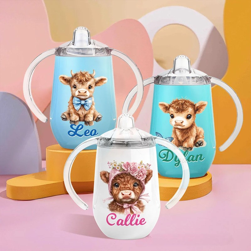 Personalized Cute Highland Cow 10 oz Insulated Name Sippy Cup with Lid and Handle Birthday Baby Shower Gift for Toddler Kids