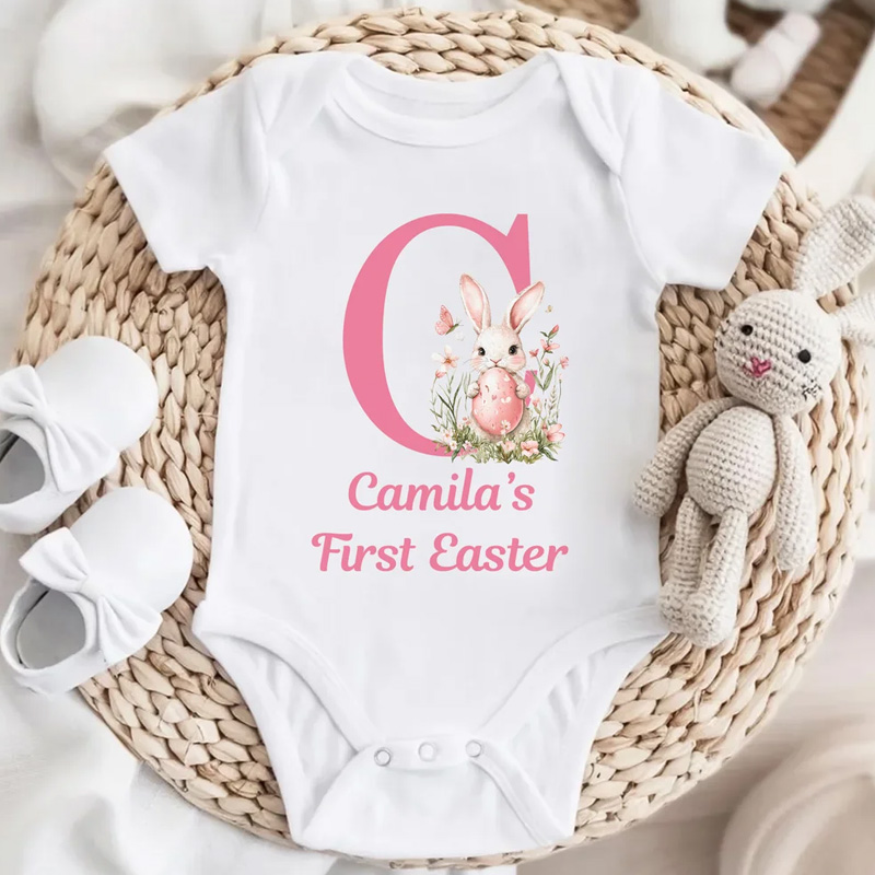 Personalized Easter Bunny Initial 100% Cotton Baby Bodysuit with Name Easter Party Gift for Kids Boys Girls