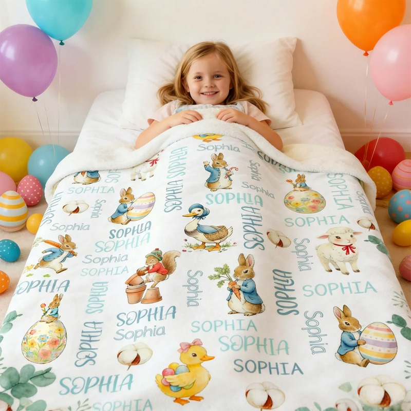 Personalized Cute Easter Bunny Duck Sheep Word Cloud Soft Throw Blanket with Name Home Decor Easter Gift for Boys Girls