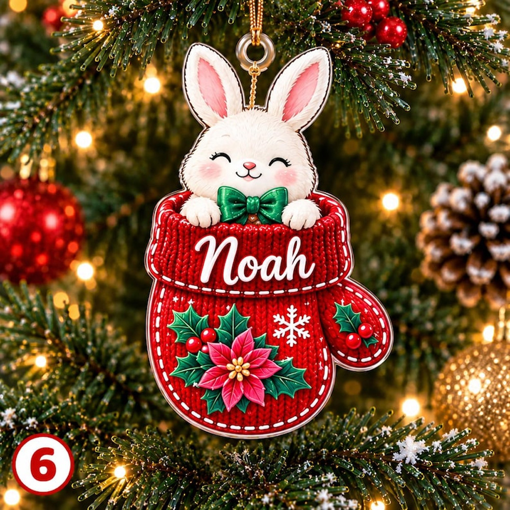 Personalized Kids Christmas Mitten Ornament Custom Name Cute Animal Bear Bunny Penguin Reindeer Gift For Child Holiday Tree Decoration
