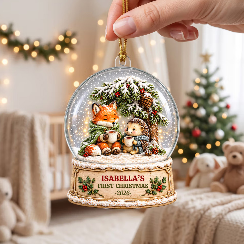 Personalized 3D-Effect Artwork Christmas Fox Hedgehog Acrylic Ornament with Name and Year Tree Decor First Christmas Gift for New Parents