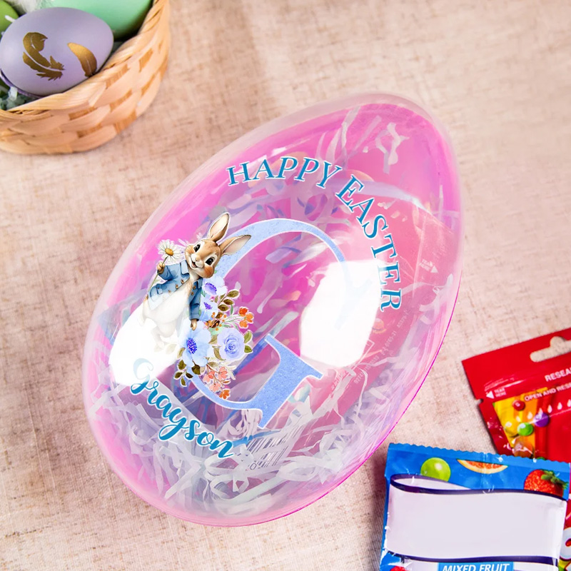 Personalized Happy Easter Bunny Flowers Initial Easter Egg with Name Basket Filler Easter Party Gift for Kids