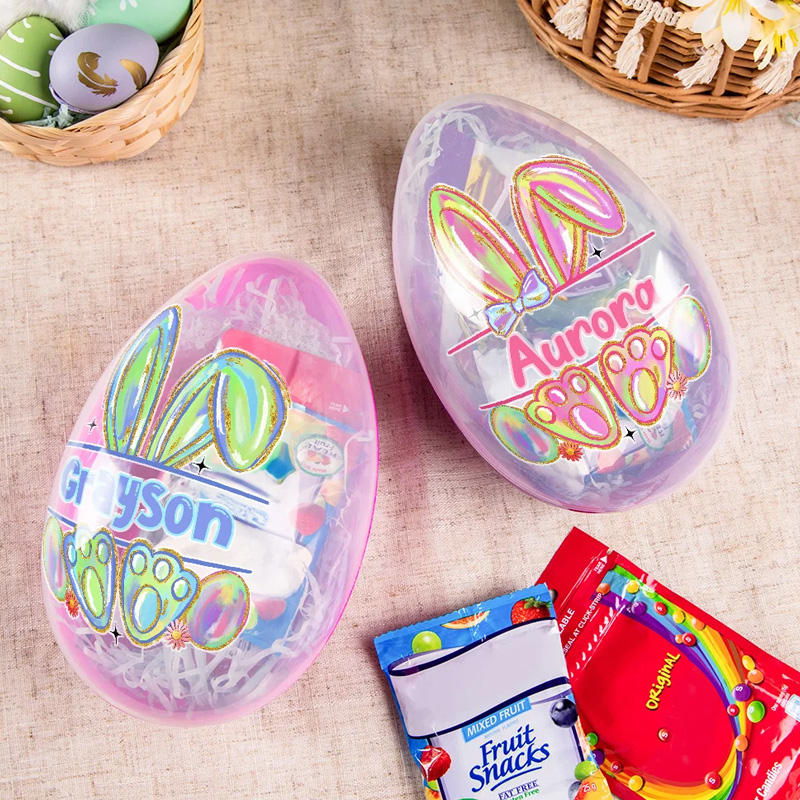 Personalized Faux Glitter Colorful Bunny Design Fillable Jumbo Easter Egg with Name Holiday Basket Stuffers Easter Birthday Party Favors Gift for Kids