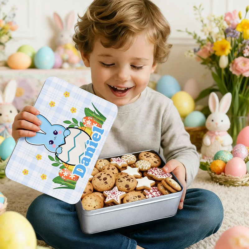Personalized Cute Bunny Easter Egg Food Grade Metal Biscuit Tin Storage Box with Name Easter Party Gift for Kids