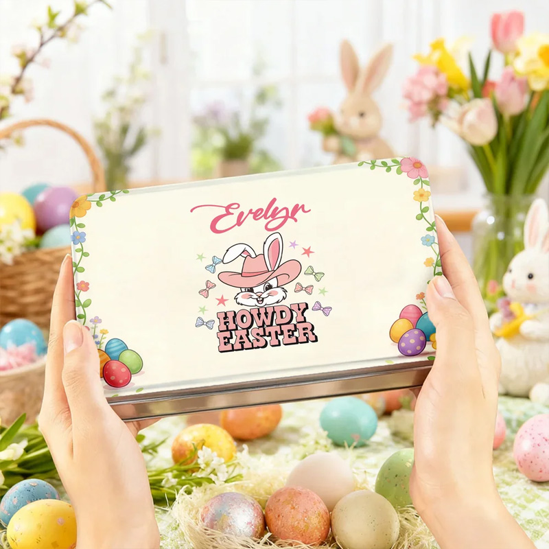 Personalized Howdy Easter Cute Bunny Easter Biscuit Tin Box with Name Easter Party Easter Gift for Children