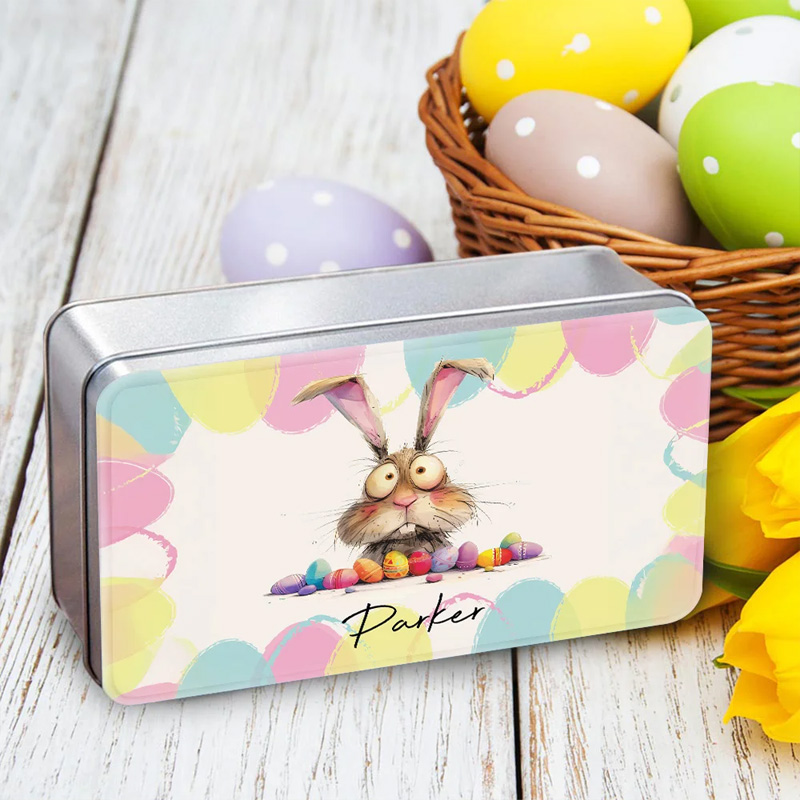 Personalized Quirky Easter Bunny Biscuit Tin Storage Box with Name Birthday Easter Party Gift for Kids
