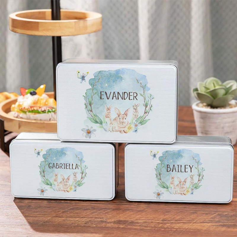 Personalized Watercolor Forest Bunny Food Grade Metal Biscuit Tin with Name Candy Container Easter Gift for Kids