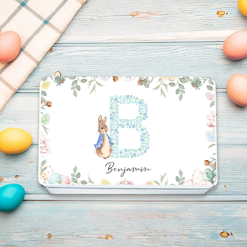 Personalized Cute Peter Rabbit Floral Initial Easter Biscuit Tin Storage Box with Name Easter Party Birthday Gift for Kids