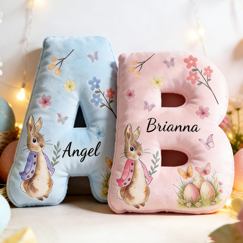 Personalized Easter Bunny Floral Alphabet Custom Name Soft Cushion Spring Decor Gift for Kids Room Nursery Decoration Graphic 3D Print Pillow