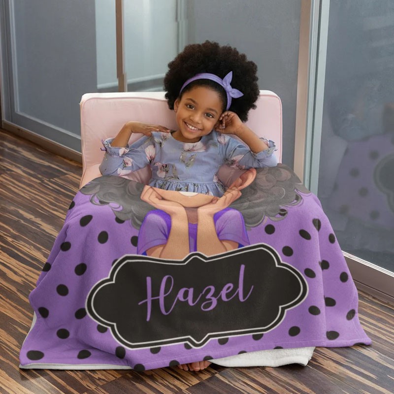 Personalized Polka Dots Cute Cartoon Little Girl Soft Throw Blanket with Name Home Decor Birthday Christmas Gift for African American Girl