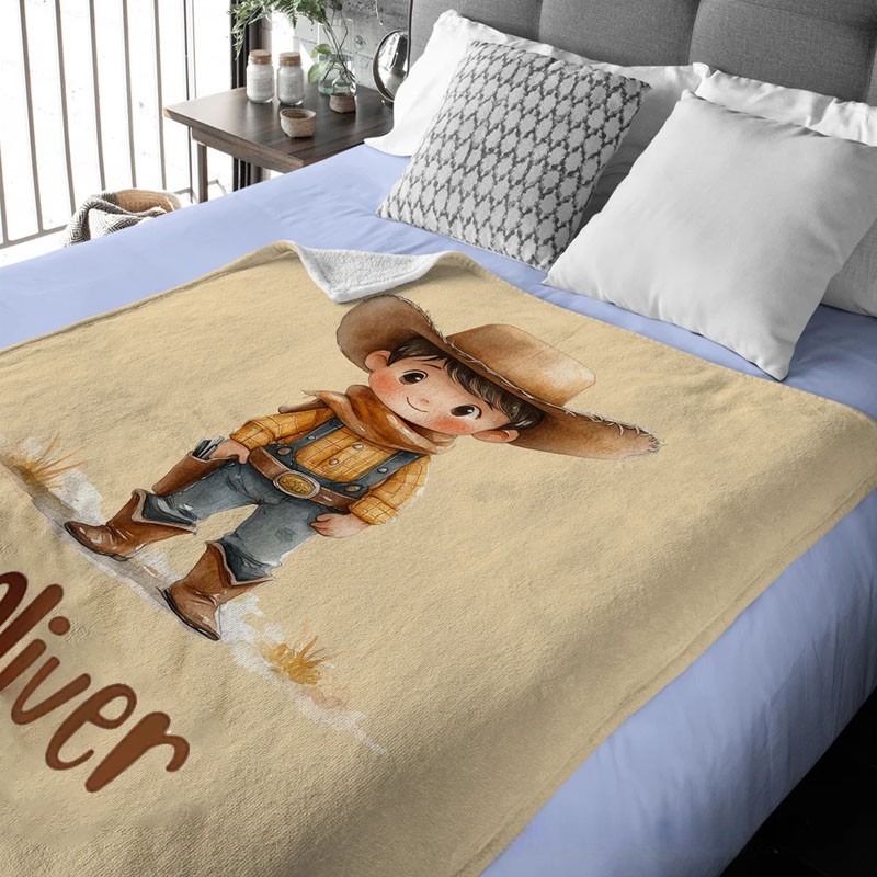 Personalized Cartoon Cowboy Cowgirl Soft Throw Blanket with Name Home Decor Birthday Gift for Kids Cowboy Lovers