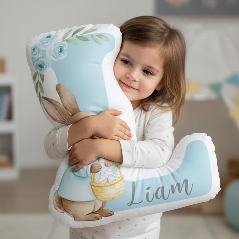 Personalized Pink Bunny Initial Letter Floral Easter Basket Custom Name Kids Room Decor Nursery Gift Graphic 3D Print Pillow