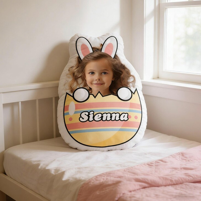 Personalized Easter Bunny Egg Photo Name Custom Kids Gift Cute Colorful Spring Decor Nursery Bedroom Accent Graphic 3D Print Pillow