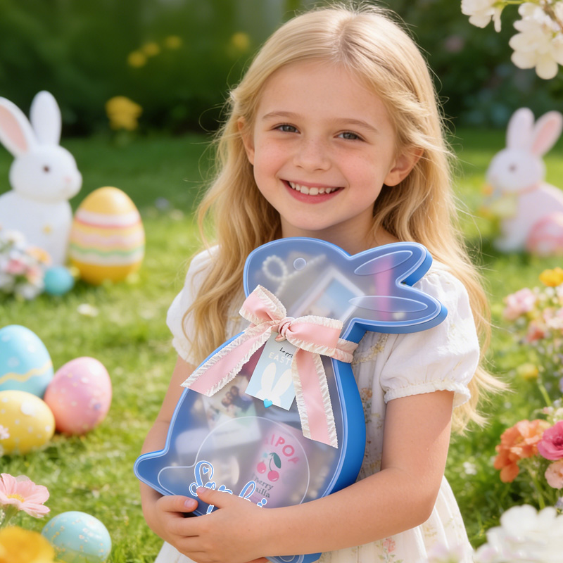 Personalized Blue Bunny Easter Gift Basket Custom Name Kids Candy Holder Cute Spring Egg Hunt Party Favor Candy Box