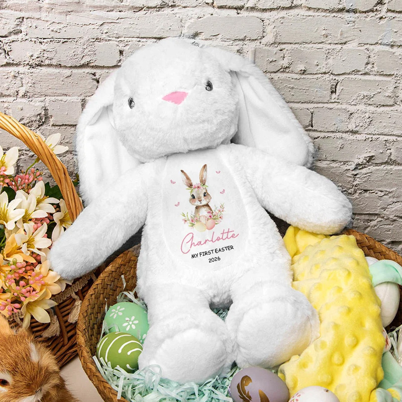 Personalized My First Easter Flower Butterfly Stuffed Plush Bunny Toy with Name and Year Easter Birthday Gift for Kids
