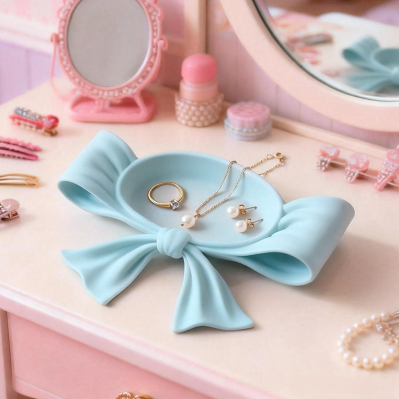 3D Printed Coquette Bow Jewelry Tray Vanity Decor Lipstick and Cosmetic Holder Stylish Desktop Storage