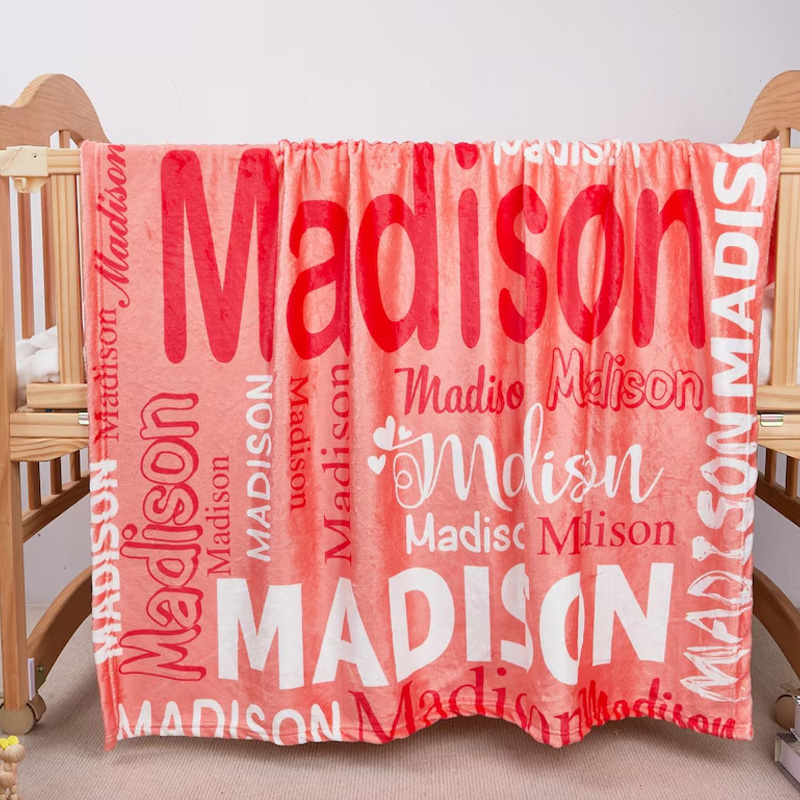 Personalized Pink Name Typography Word Art Custom Kids Room Decor Soft Cozy Blanket Birthday Gift Nursery Accent Blanket