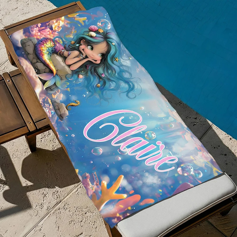 Personalized Cartoon Mermaid Quick Dry Beach Towel with Name Travel Essentials Beach Party Birthday Gift for Girls Ocean Theme Enthusiasts