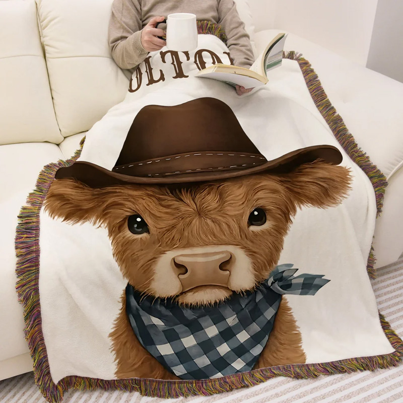 Personalized Rustic Fringed Western Cowboy Highland Cow Soft 100% Cotton Baby Blanket with Name Nursery Decor Baby Shower Gift for New Baby Kids