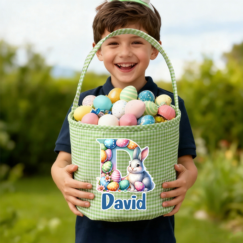 Personalized Easter Bunny Alphabet Letters Plaid Easter Basket with Name and Initial Easter Eggs Hunting Easter Day Gift for Boys Girls