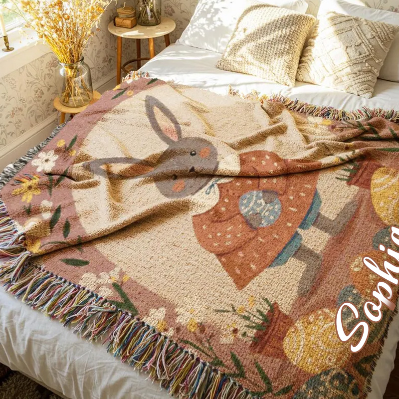 Personalized Cute Bunny Easter Spring Floral Kids Room Decor Custom Name Nursery Accent Cozy Gift Tassel Blanket