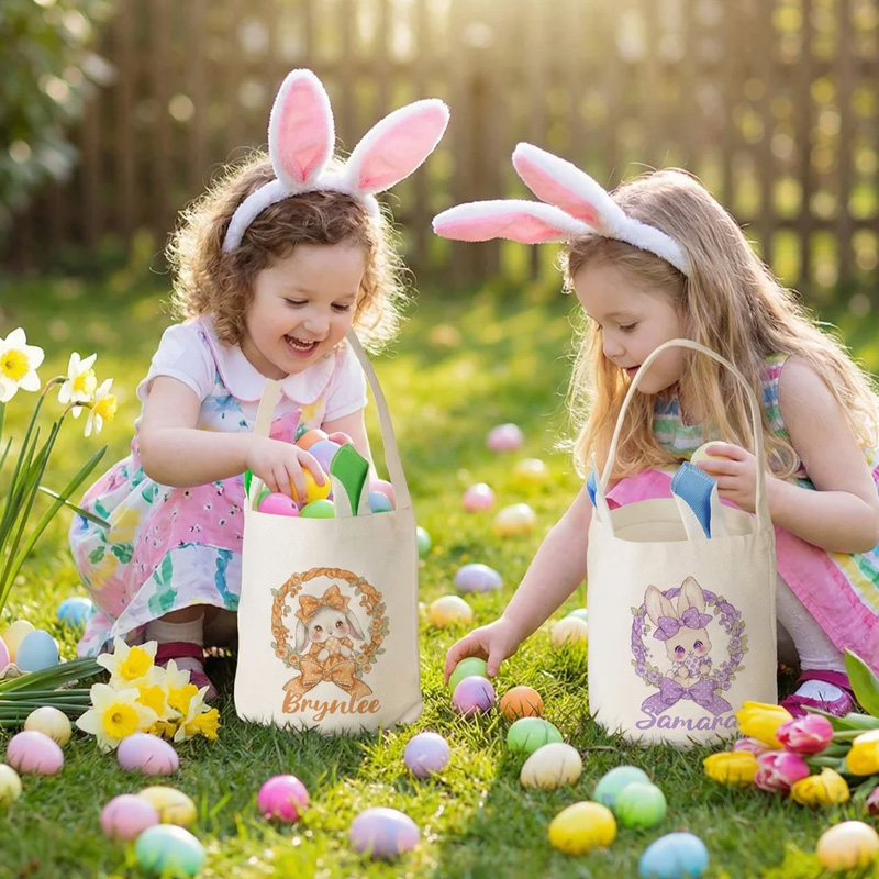 Personalized Polka Dot Bow Floral Bunny Easter Basket with Name and Bunny Ears Egg Hunting Accessory Easter Gift for Kids