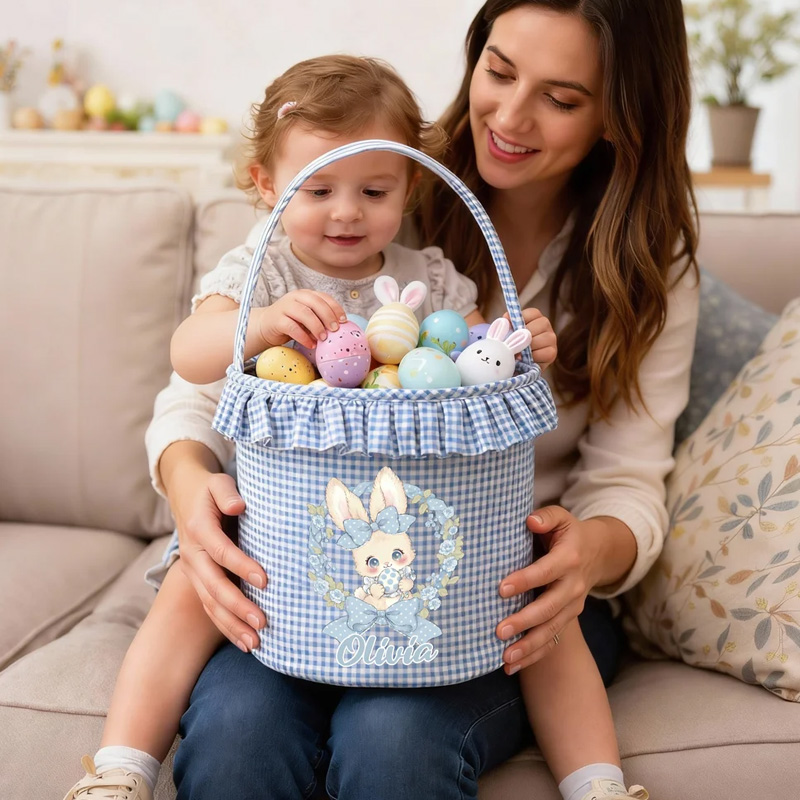 Personalized Multi Color Large Capacity Polka Dot Bow Easter Basket with Name Party Favor Gift for Boys Girls