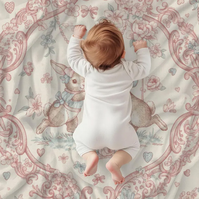 Personalized Pink Bunny Floral Wreath Nursery Decor Custom Name Baby Shower Gift Soft Elegant Newborn Keepsake Blanket