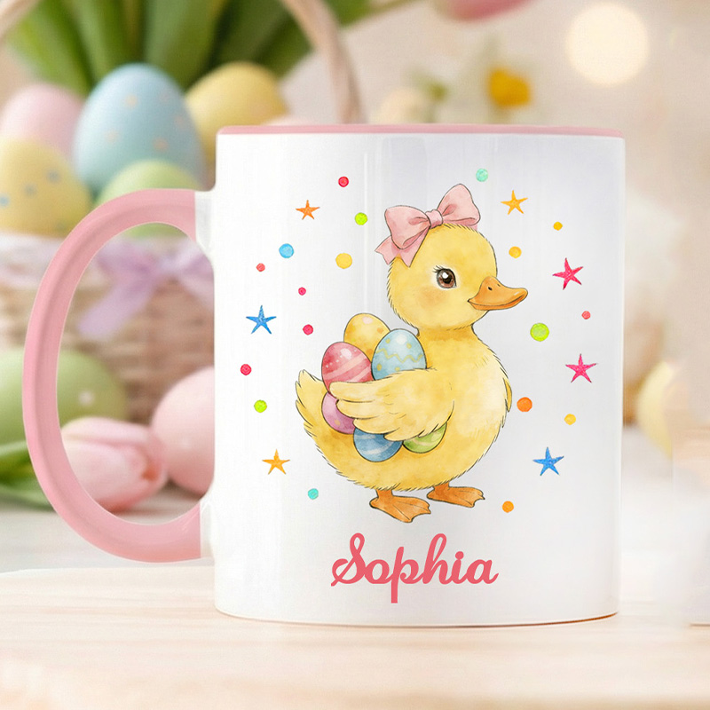 Personalized Cute Easter Bunny Holding Flowers and Eggs Spring Colorful Custom Name Family Gift Coffee Tea Mug