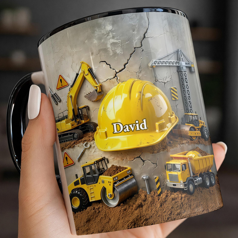 Personalized Construction Trucks Excavator Crane Hard Hat Builder Theme Custom Name Boys Birthday Gift Coffee Mug