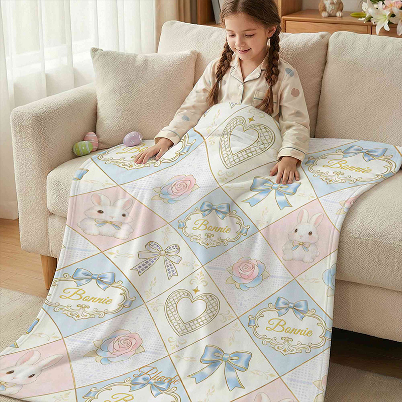 Personalized Cute Bunny Bow Heart Diamond Pattern pastel Blue Pink Baby Nursery Custom Name Soft Cozy Blanket