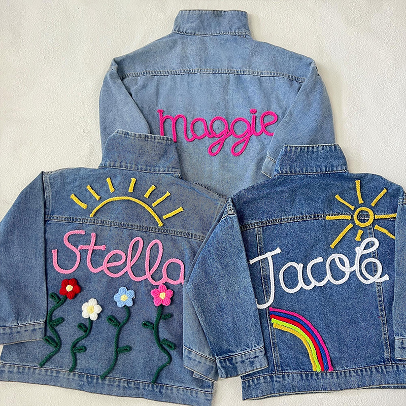 Personalized Sun and Flowers Embroidery Name Custom Cute Spring Garden Style Toddler Outfit Gift Kid Knitted Denim Jacket
