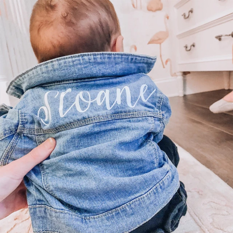 Personalized Elegant Script Name Custom Minimalist Style Classic Chic Outfit Gift Kid Denim Jacket