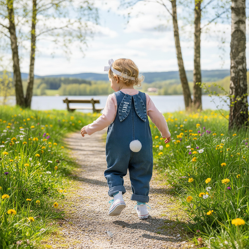 Personalized Custom Name Cute Tail Soft Playful Style Easter Outfit Adorable Toddler Gift Bunny Ears Denim Overalls