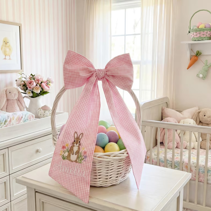 Personalized Embroidered Easter Basket Bow Custom Pink Seersucker Fabric with Bunny Design Decoration