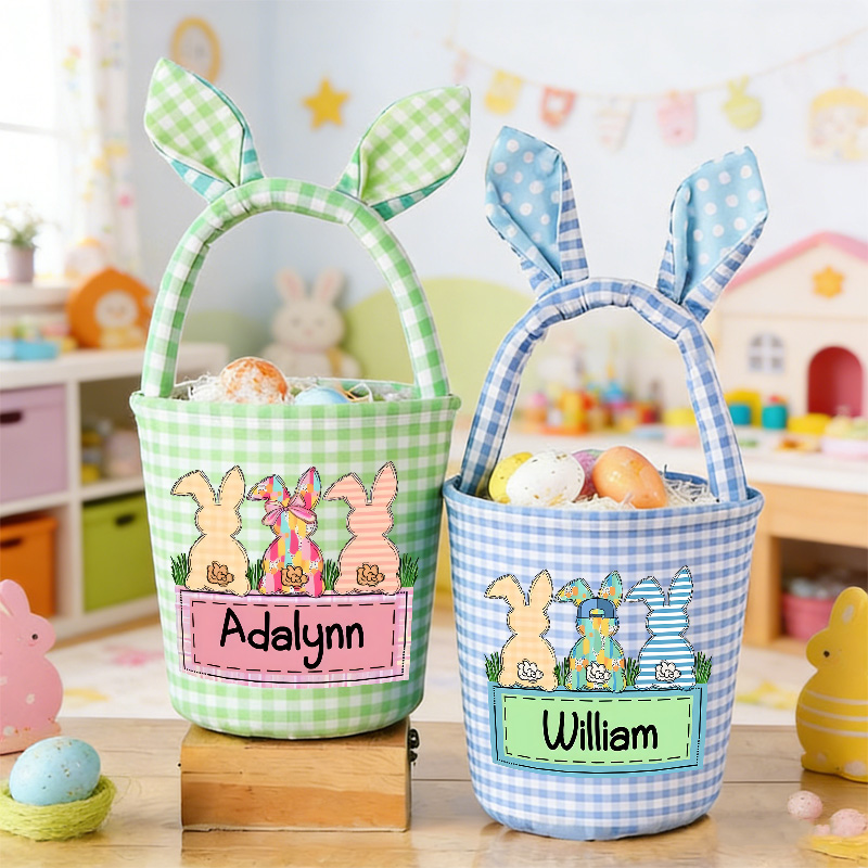 Personalized Easter Basket Custom Gingham Fabric with Bunny Ears and Name for Kids Egg Hunt