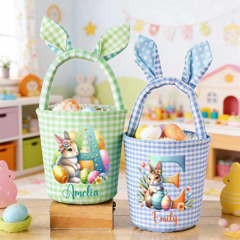 Personalized Easter Basket Custom Gingham Fabric with Bunny Ears and Cute Animal Design for Kids