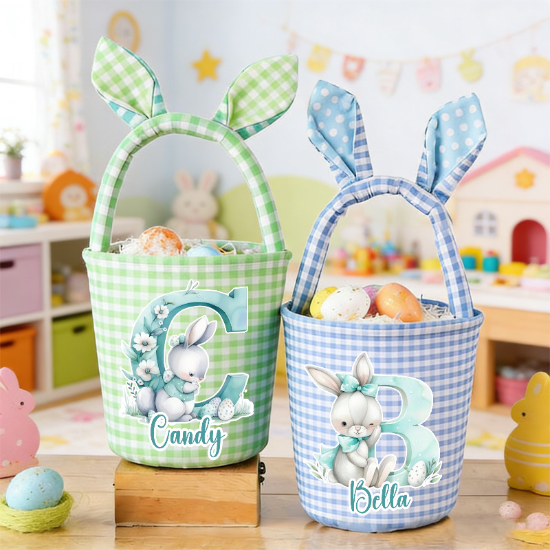 Personalized Adorable Bunny Ears Custom Name Gingham Fabric Kids Easter Egg Hunt Basket