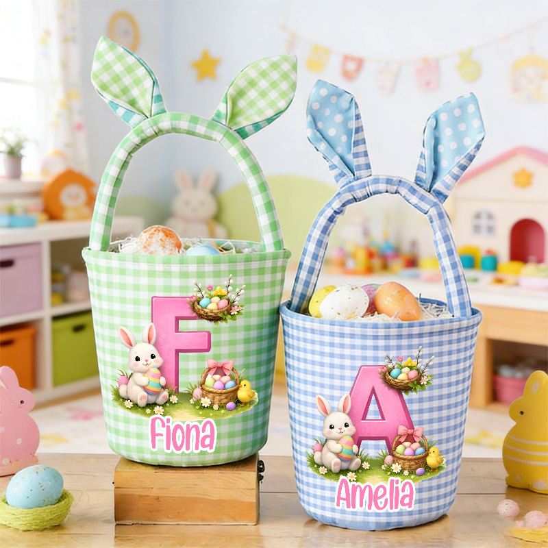 Personalized Adorable Bunny Ears Custom Name Initial Gingham Fabric Easter Basket