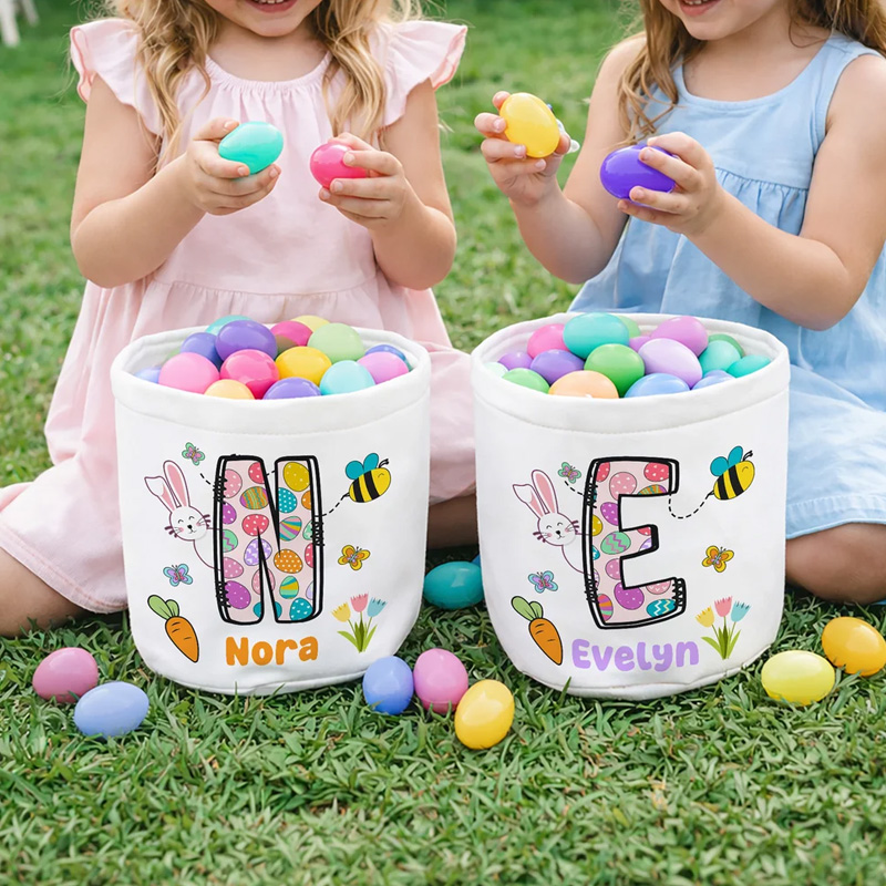 Personalized Easter Bunny Initial Canvas Easter Basket with Name Egg Hunting Accessories Easter Gift for Kids