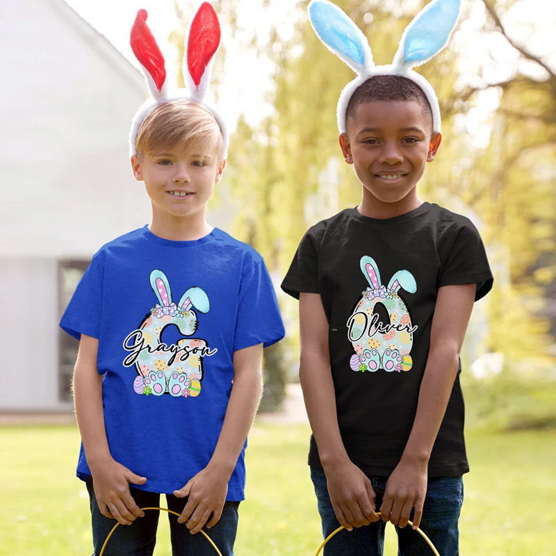 Personalized Multicolor Cute Easter Bunny Initial 100% Cotton T-shirt with Name Easter Party Gift for Boys Girls