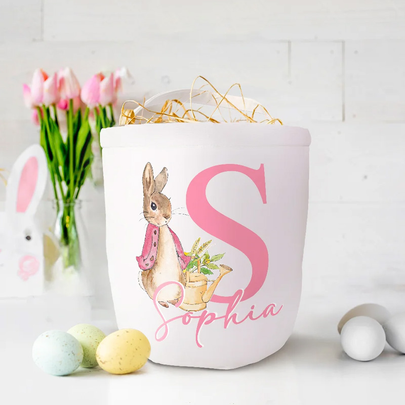 Personalized Cute Bunny with Initial and Name Large Canvas Candy Basket with Handle Funny Easter Eggs Hunting Gift for Boys Girls