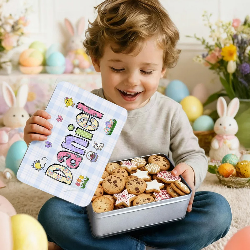 Personalized Rabbit Flowers Easter Eggs Food Grade Metal Biscuit Box with Name Daily Use Easter Gift for Boys Girls Kids