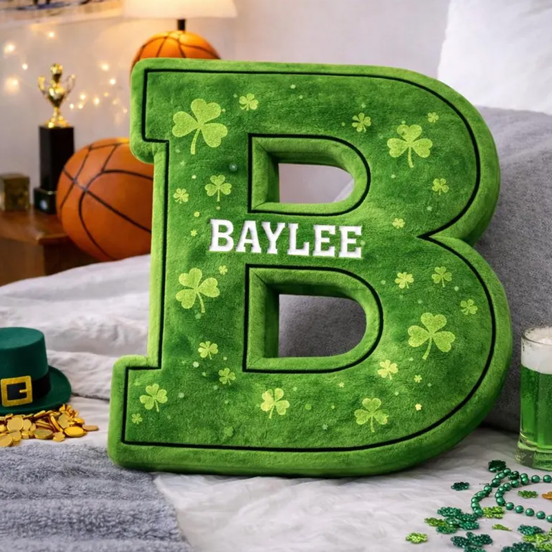 Personalized Bright Green Clover Leaf Custom Name Initial Shaped Decorative 3D Print Pillow