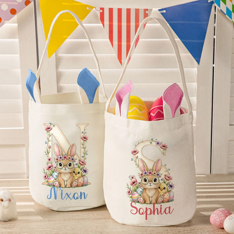 Personalized Flower Cute Bunny Ears Rabbit Easter Basket with Name and Initial Eggs Hunting Party Favor Easter Gift for Kids