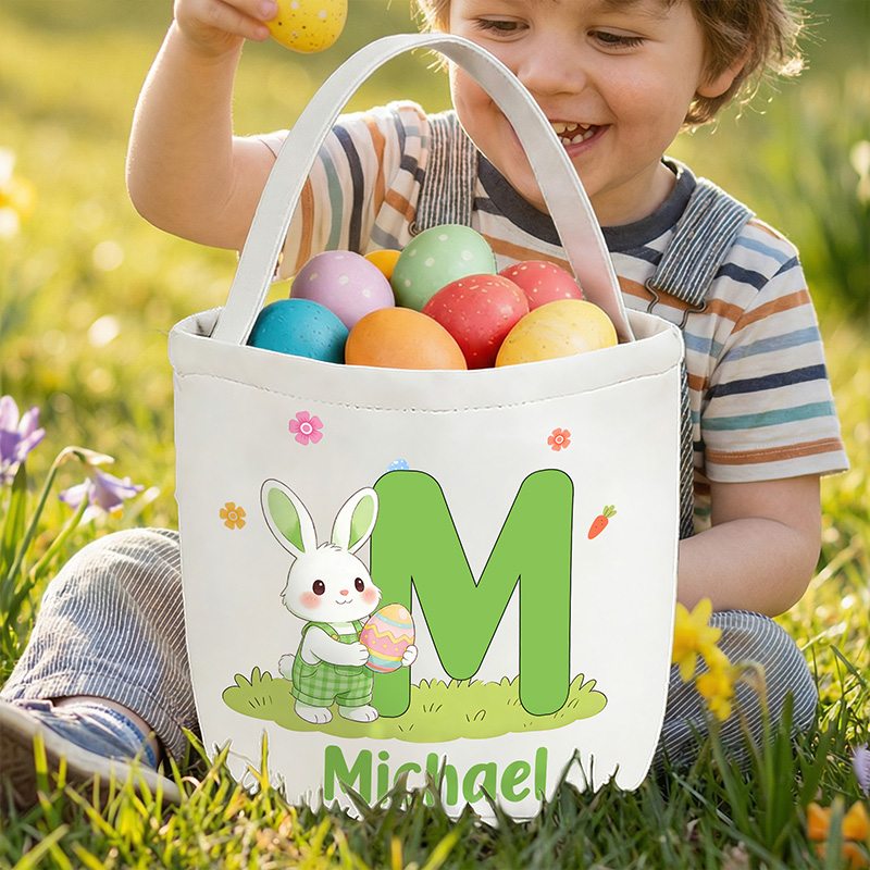 Personalized Adorable Bunny With Egg Custom Name Initial Shaped Holiday Basket