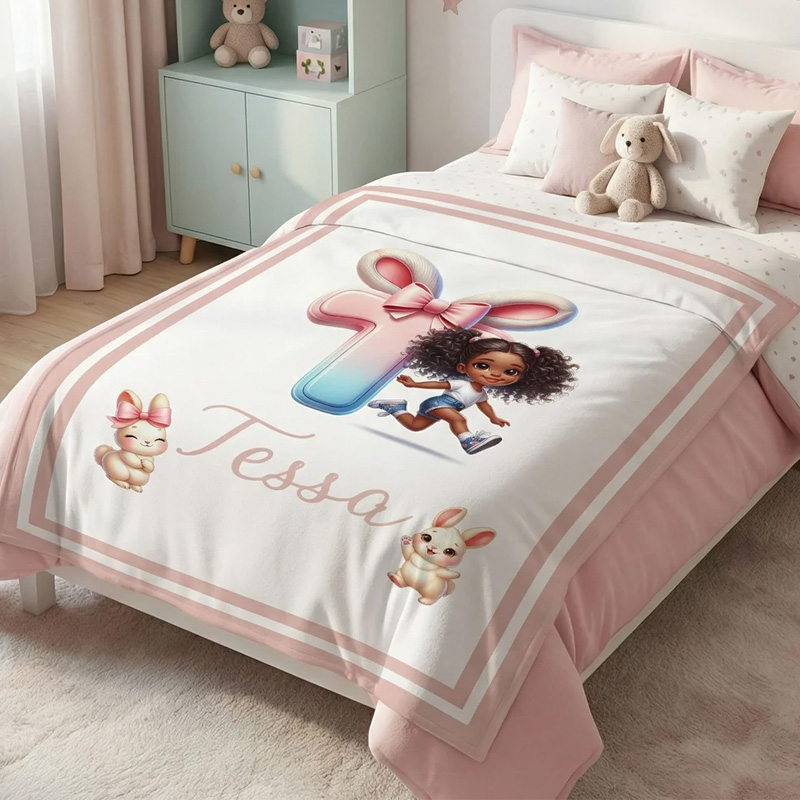Personalized Cartoon Black Girl Soft Throw Blanket with Name Home Decor Easter Birthday Gift for Girls